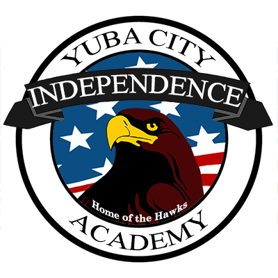 Emblem with a hawk in the center. Text reads: " Yuba City Independence Academy, home of the hawks"